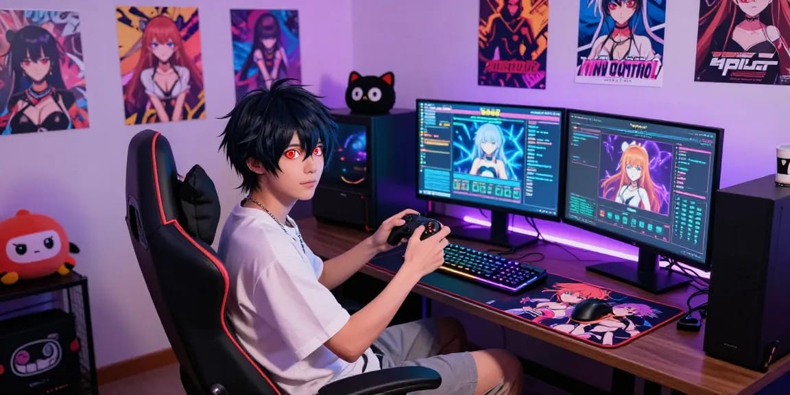 Engaging scene of character playing mind control hentai games at a vibrant gaming setup.