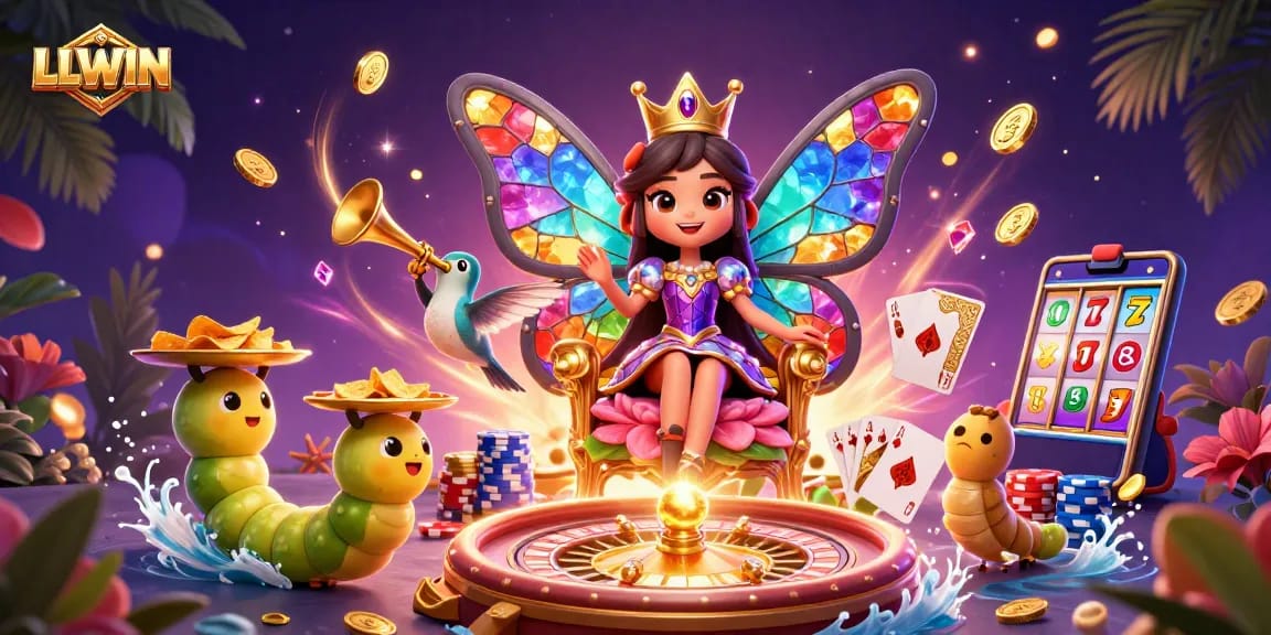 Experience excitement at LLWIN with vibrant casino elements and characters in this enchanting illustration.