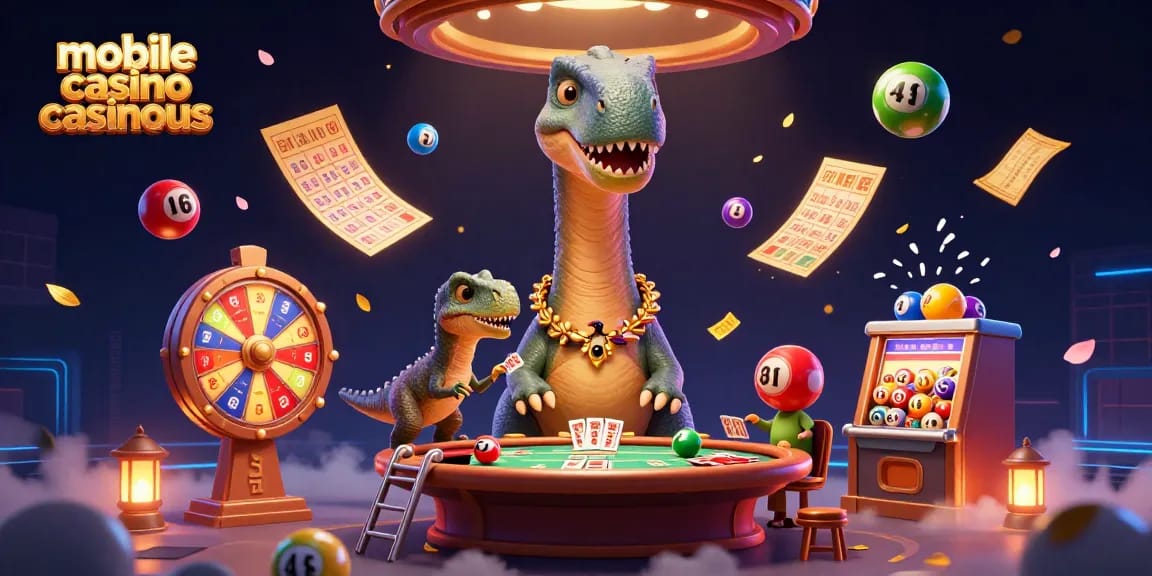 Engage with the mobile casino casinous illustration featuring a brontosaurus at a casino, cards fluttering dynamically.