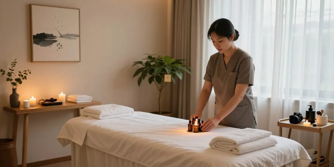 Relaxing massage therapy room embodies the essence of 성남출장안마 with soothing ambiance and essential oils.