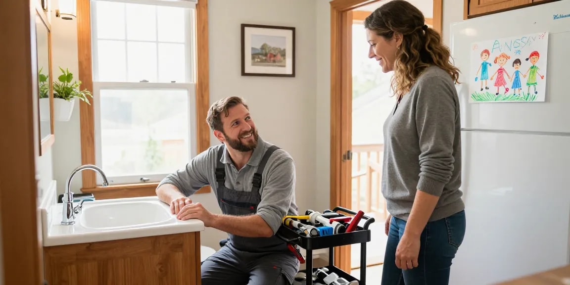 Experienced plumber Stevens Point WI assisting homeowner with sink issues in a friendly home environment