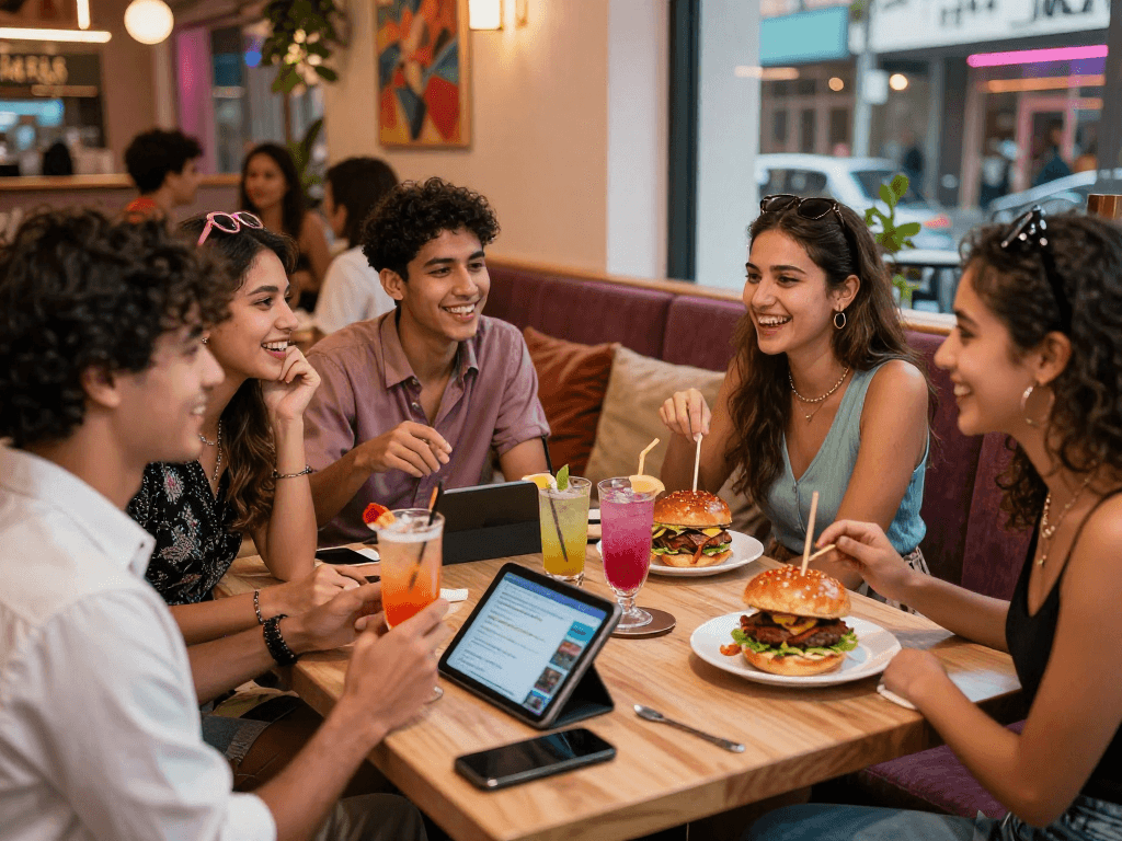 Friends enjoying a spicy chat over colorful cocktails in a trendy café.