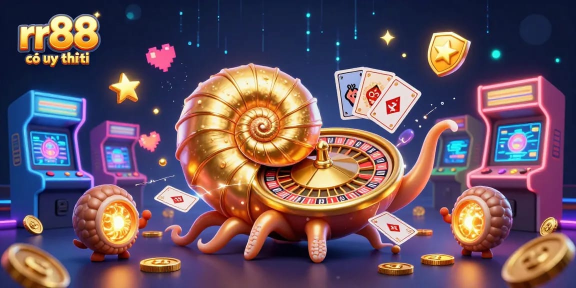 Engage with RR88 có uy tín in this vibrant 3D casino scene featuring a nautilus roulette wheel and glowing game elements.