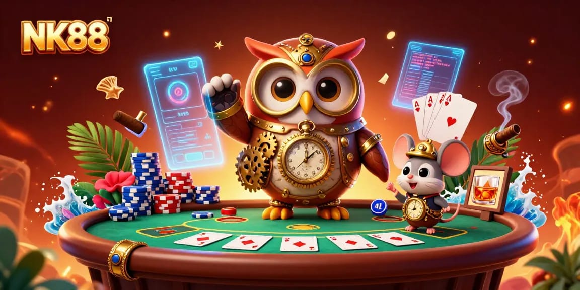Navigating thrilling bets at NK88 with a time-traveler owl and a clockwork mouse.