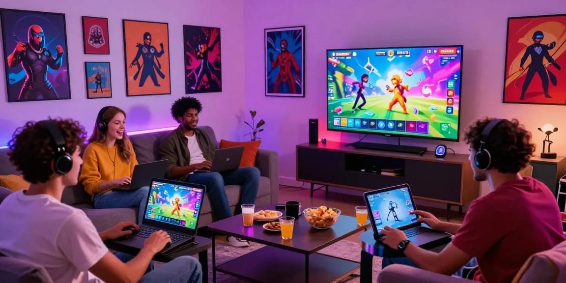 Friends playing free porn games in a vibrant living room filled with gaming devices and snacks.
