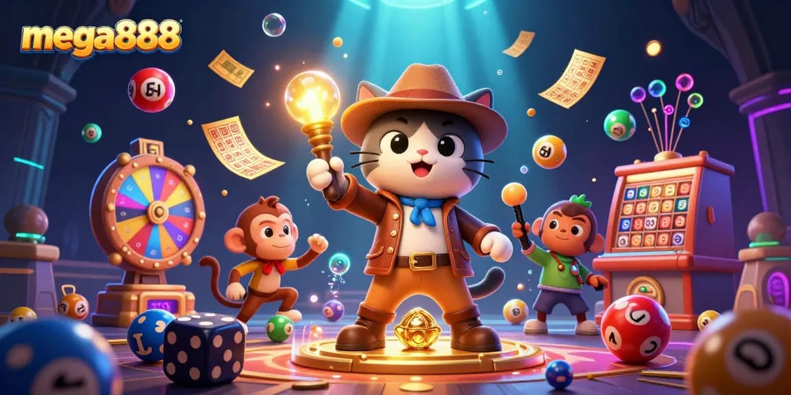 Engage with exciting mega888 gameplay in a vibrant 3D casino adventure scene.