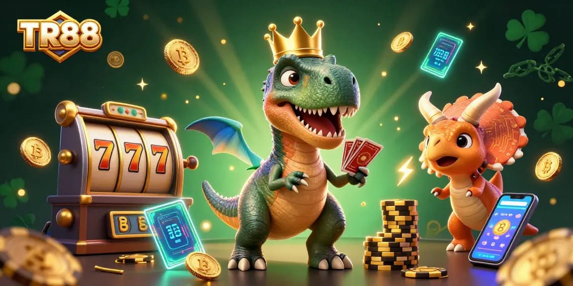 Engage with TR88 as a friendly T-Rex plays cards while a triceratops stacks golden chips in a lively casino scene.