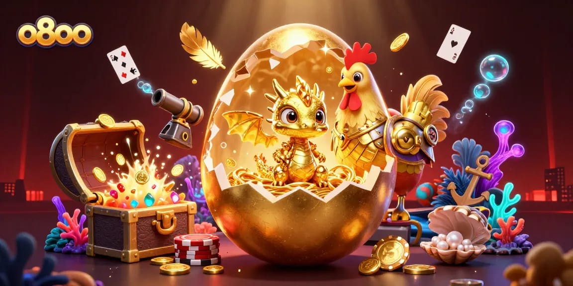 Experience thrilling gameplay at o8oo with a baby dragon and poker chips amidst golden treasures.