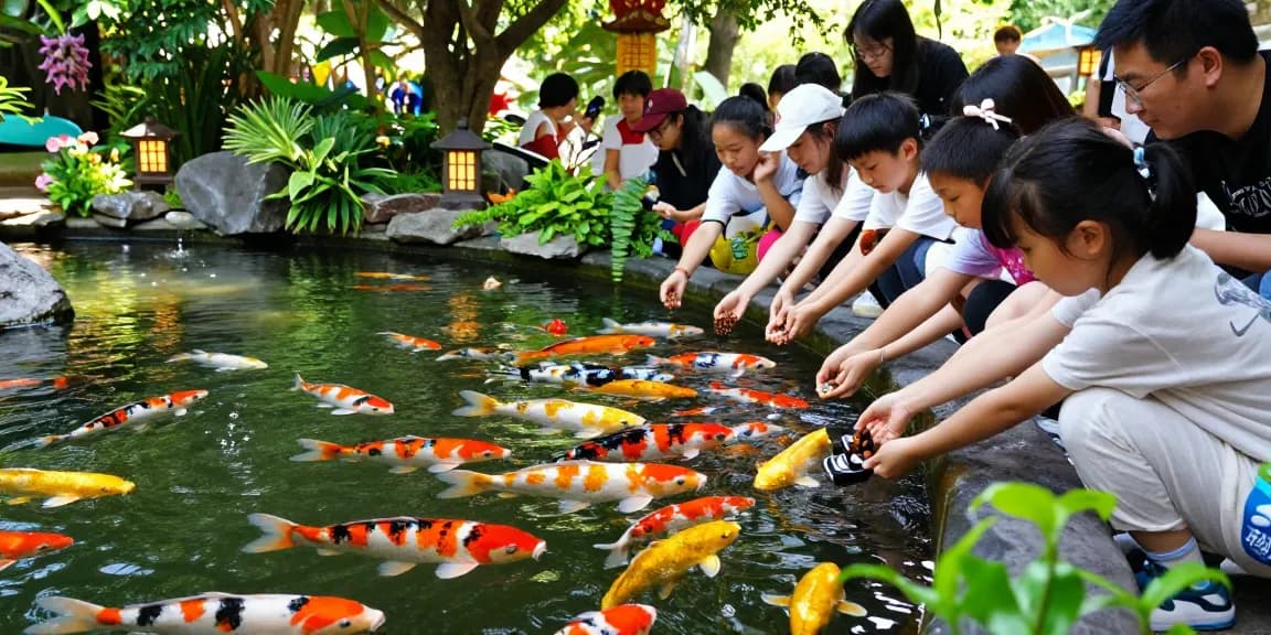 Koi Aminos in action as people joyfully feed colorful koi fish in a lush pond environment, highlighting community and tranquility.