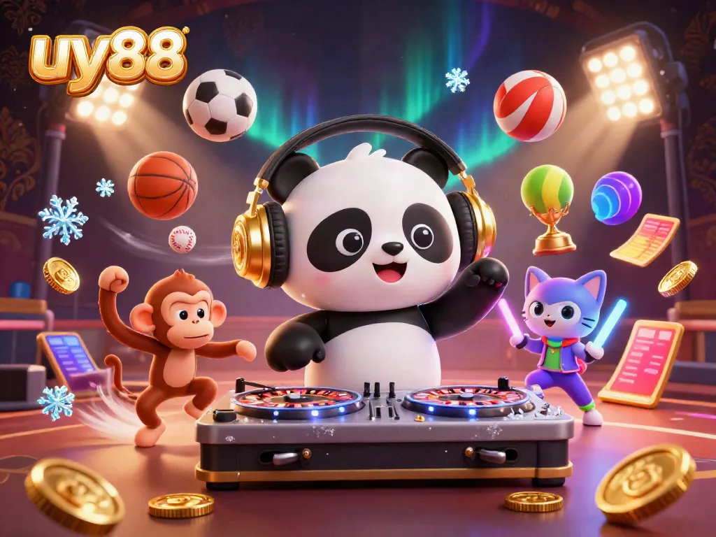 Experience the thrill of uy88 with a vibrant casino scene filled with a DJ panda, dancing characters, and dynamic sports elements.