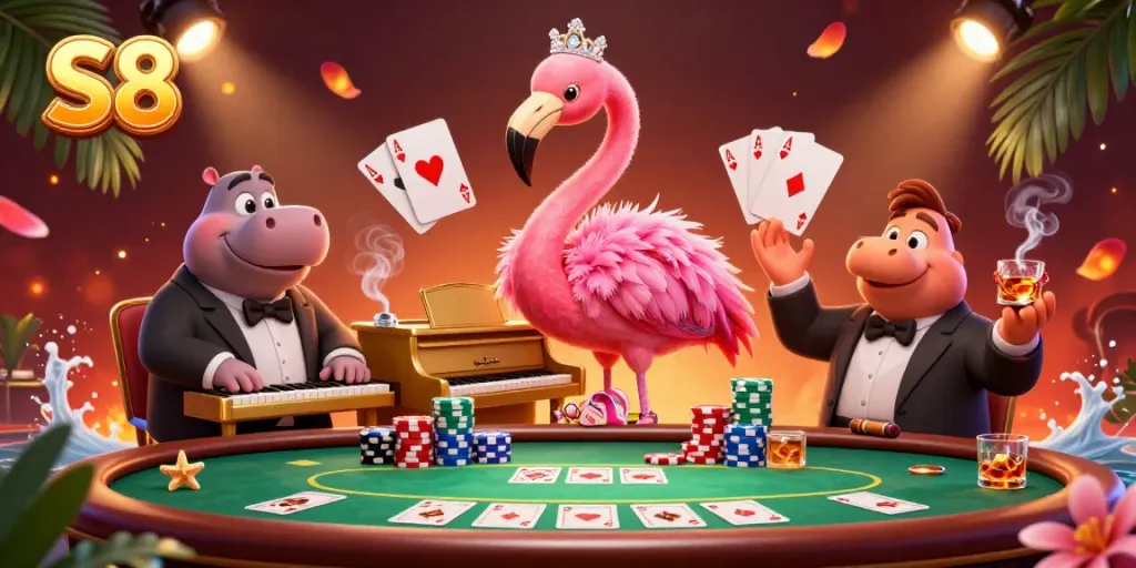 Experience the vibrant S8 casino atmosphere with cartoon characters and engaging poker elements.