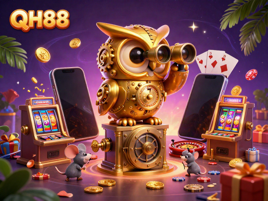 Experience QH88's casino floor with dynamic characters and vibrant game elements enticing players.