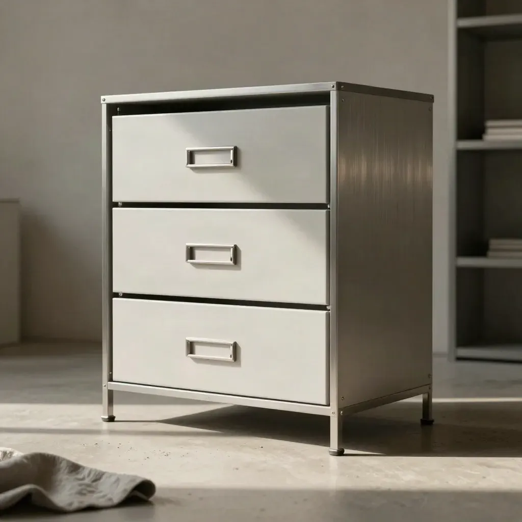 Brushed-steel archive module with blank boxes and latch on pale concrete, softly lit.
