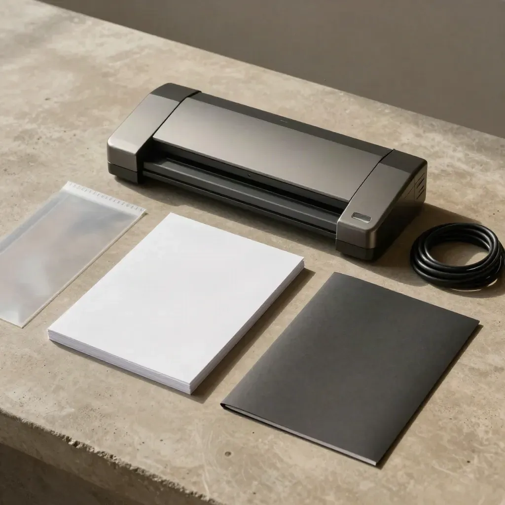 Overhead flatlay of a document scanning pack with scanner cradle, paper, sleeves, cable and folder