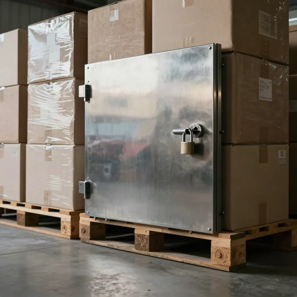 Locked steel warehouse bay with crates, pallet corners and a diagonal door line in haze.