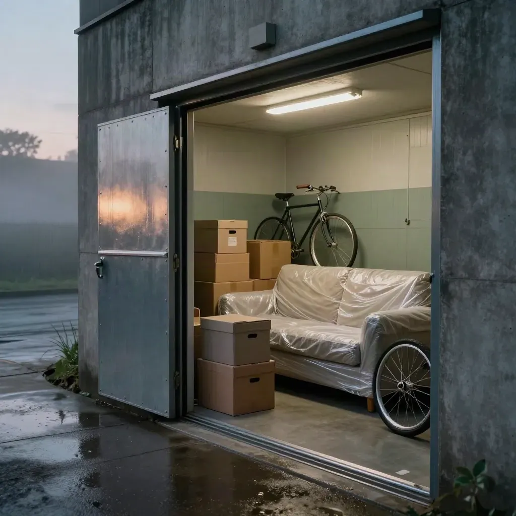 Open lockable storage room with wrapped sofa, crates, boxes and bicycle wheel in dawn mist