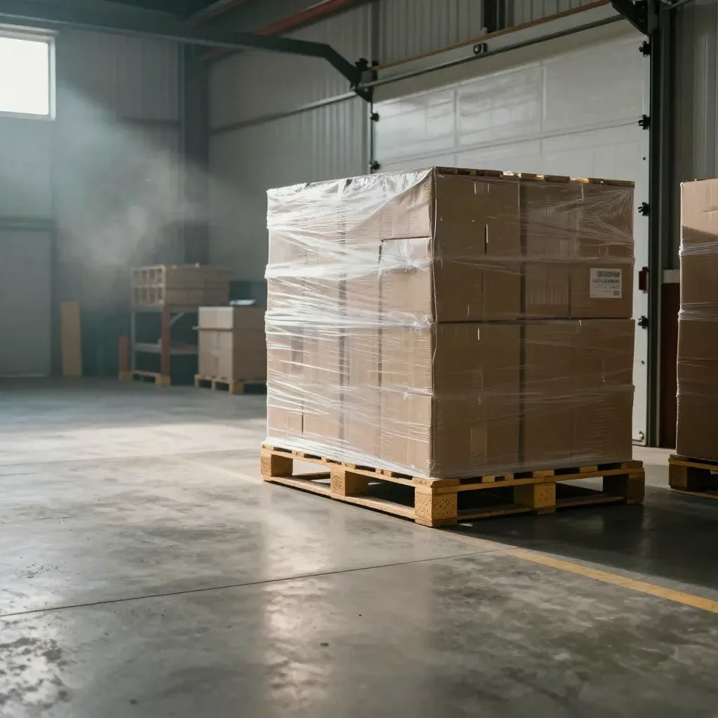 Wrapped pallet stack, dolly and sealed boxes in a bright warehouse lane with teal accents.