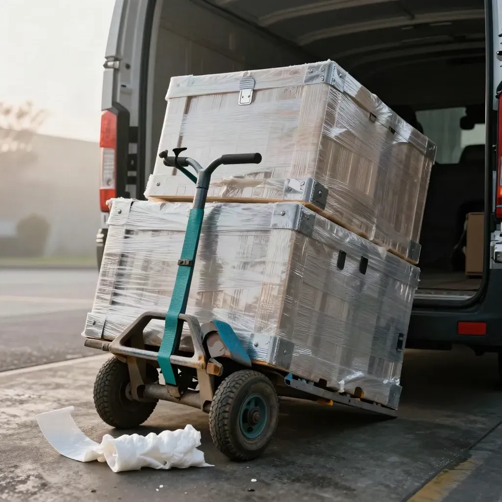 Crates on a hand truck roll from a van at a loading dock in cool morning light.