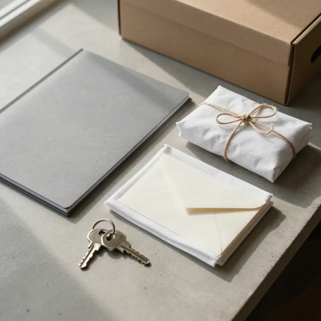 Overhead flatlay of storage cover items beside a box on pale concrete.