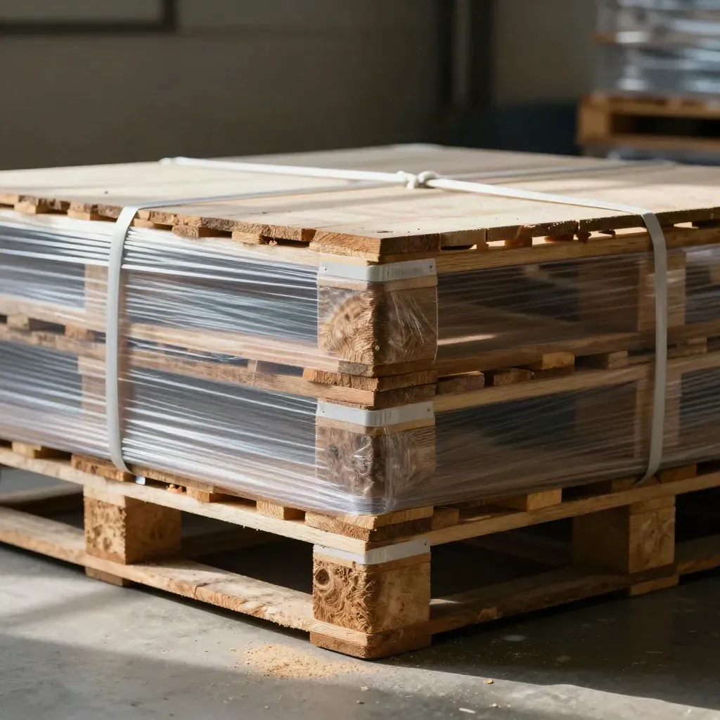 Close-up of wrapped pallet storage stack with white corner guards on a concrete floor.