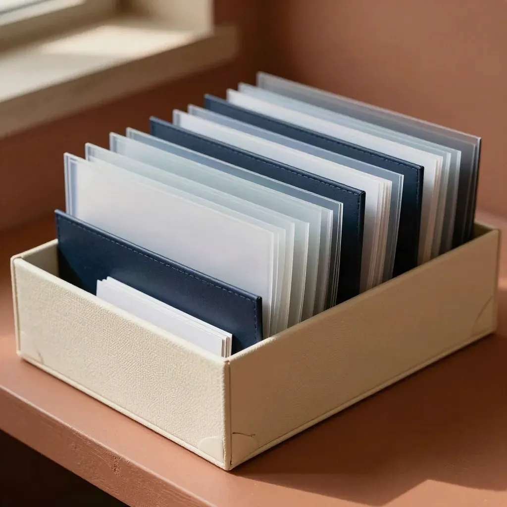 Archive boxes, scan sleeves and a navy-edged tray on a terracotta ledge in soft diagonal light.