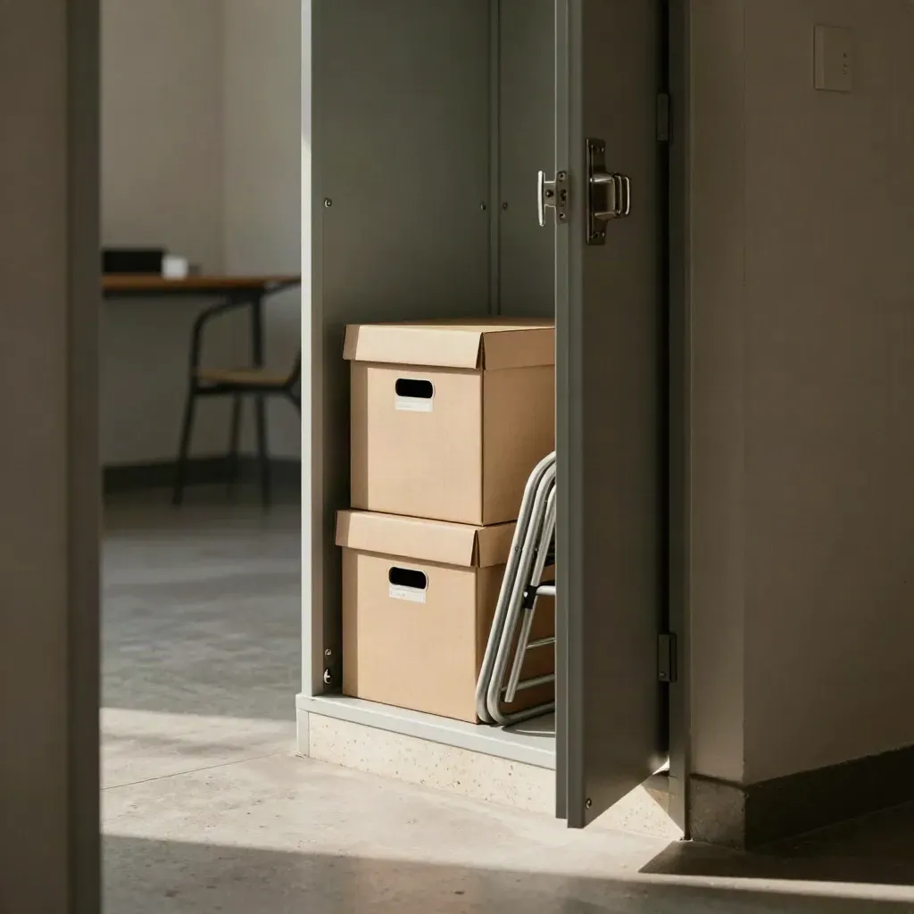 Partly open storage unit with stacked boxes and a folded chair in a cool warehouse corridor.