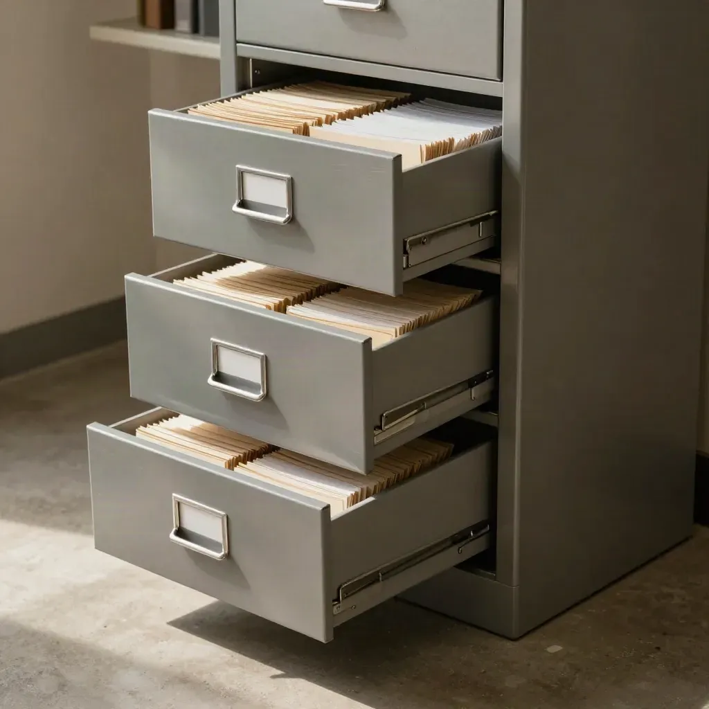 Open steel archive cabinet with folders and box files beside it in soft daylight