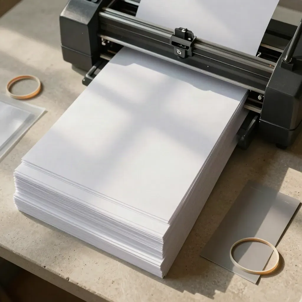 Overhead flatlay of paper bundles, scanner tray, sleeves and rubber bands on pale stone.
