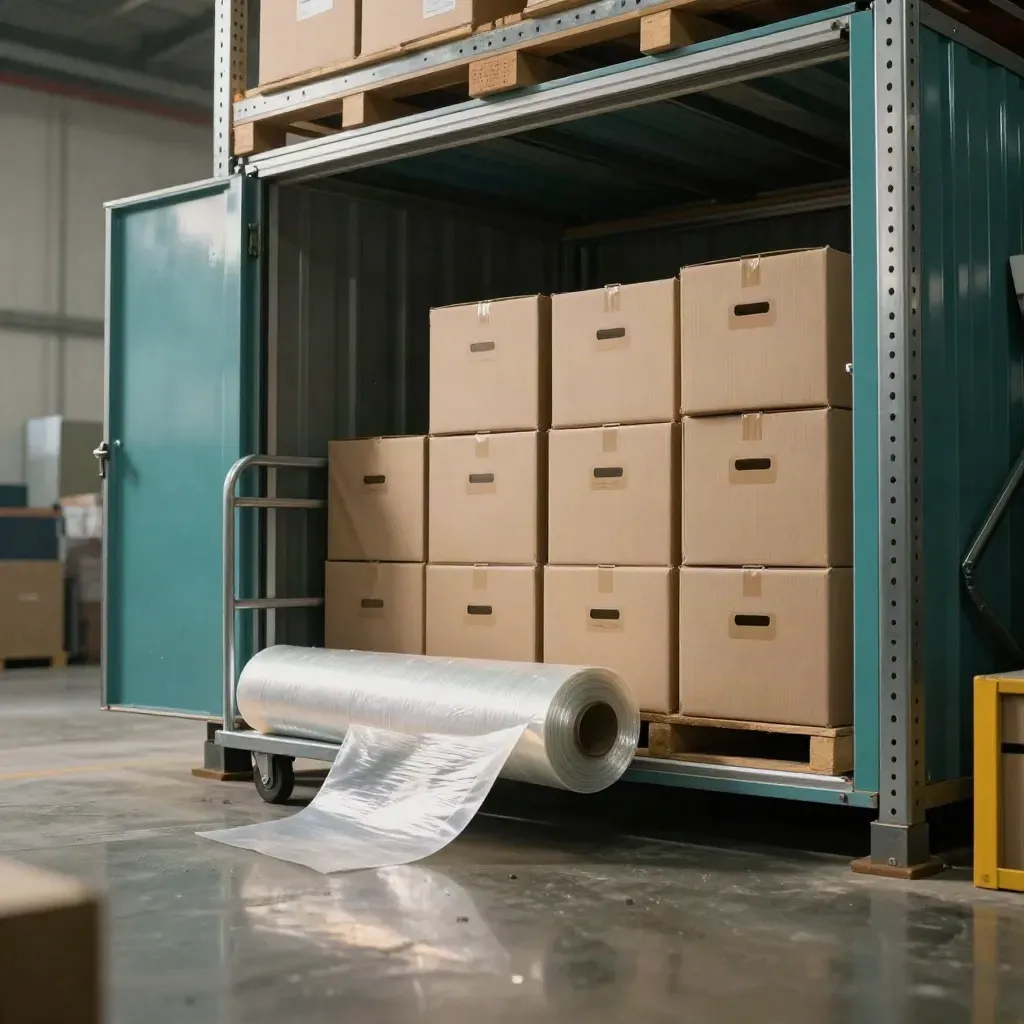 Teal-sheathed storage bay with stacked boxes, trolley and glossy floor reflections in dramatic warehouse light.