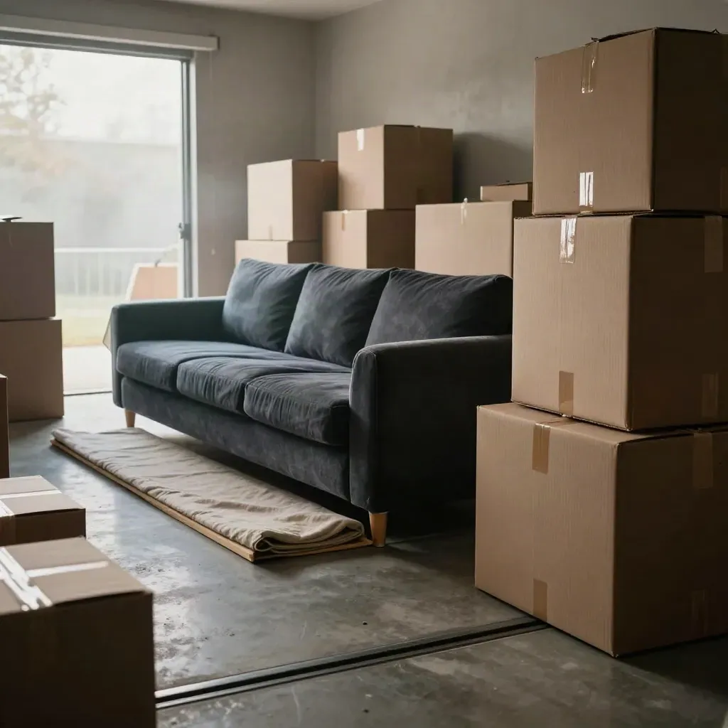 Floor-level view into a packed storage unit with sofa, wrapped mattress and cartons in misty light.