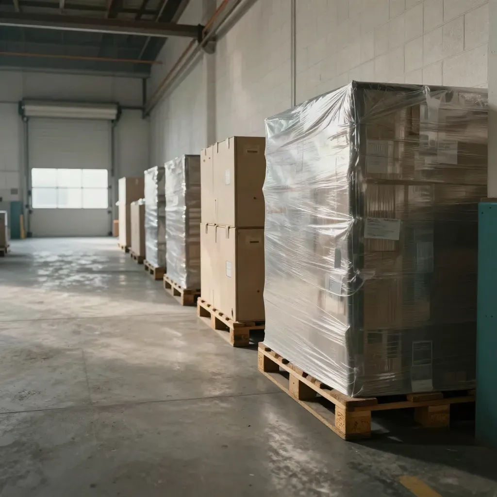 Long warehouse bay with pallets, wheeled crates and a roller door in soft side light.