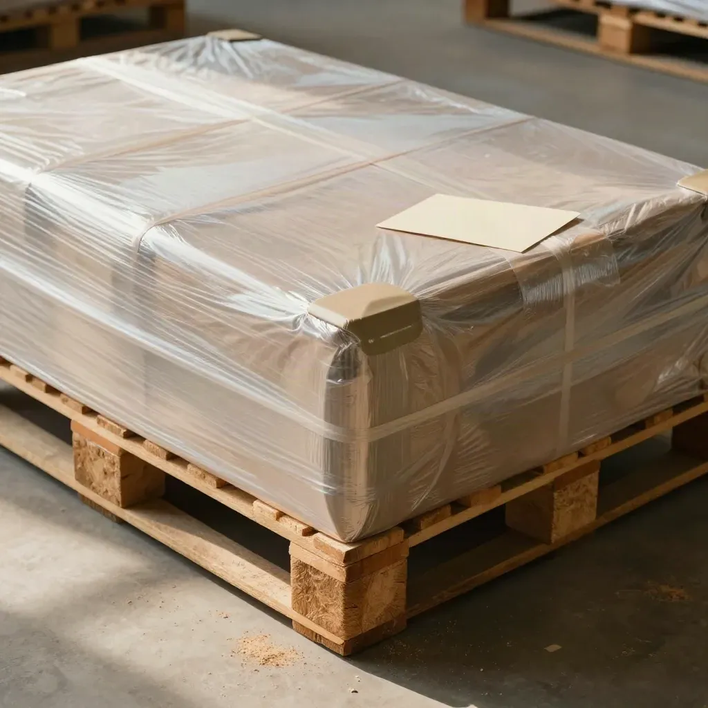 Wrapped pallet stack beside an empty pallet on pale concrete, lit softly in a clean warehouse still life.