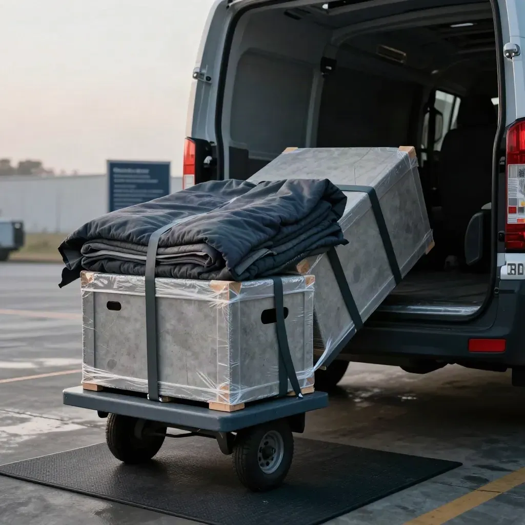 Transit crates on a hand truck roll into a van at a cool, dramatic loading dock.
