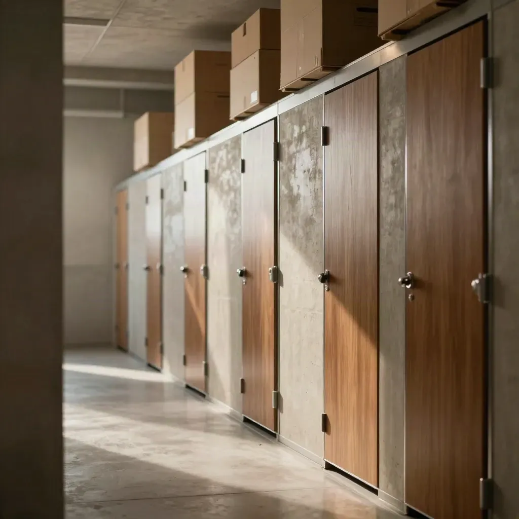 Sunlit storage corridor with repeating unit doors and stacked crates