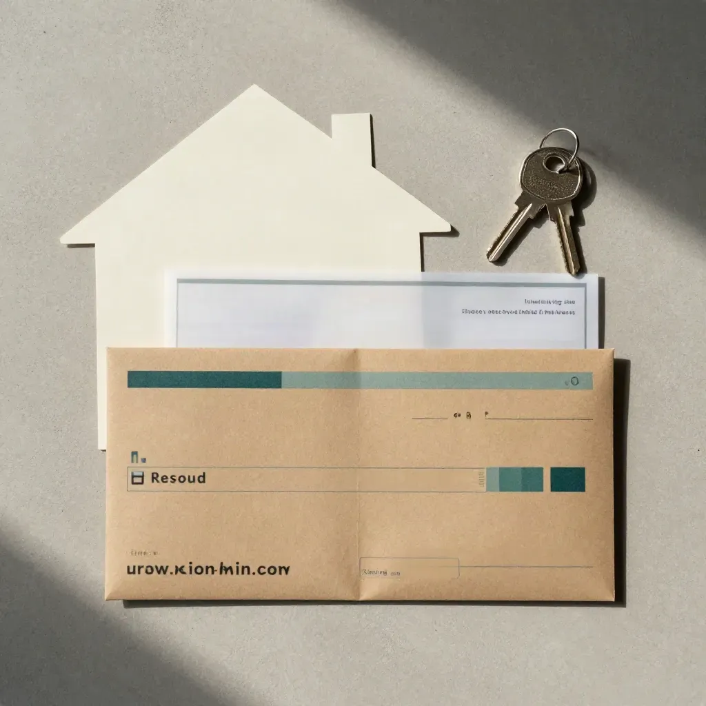 Top-down insurance check pack with house card, guidance sheet, envelope, key ring and kraft wrap