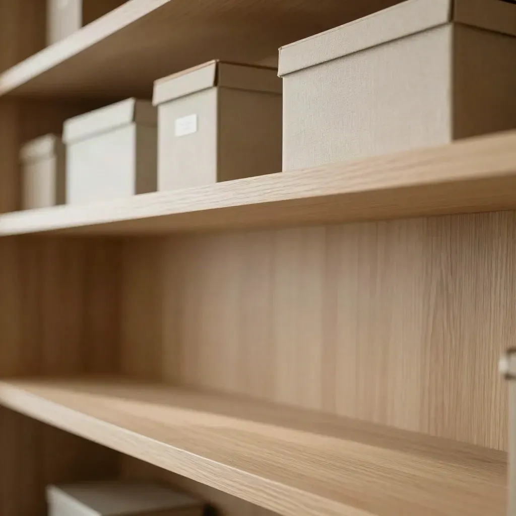 Pale oak archive shelves with boxes high in frame and calm copy space below