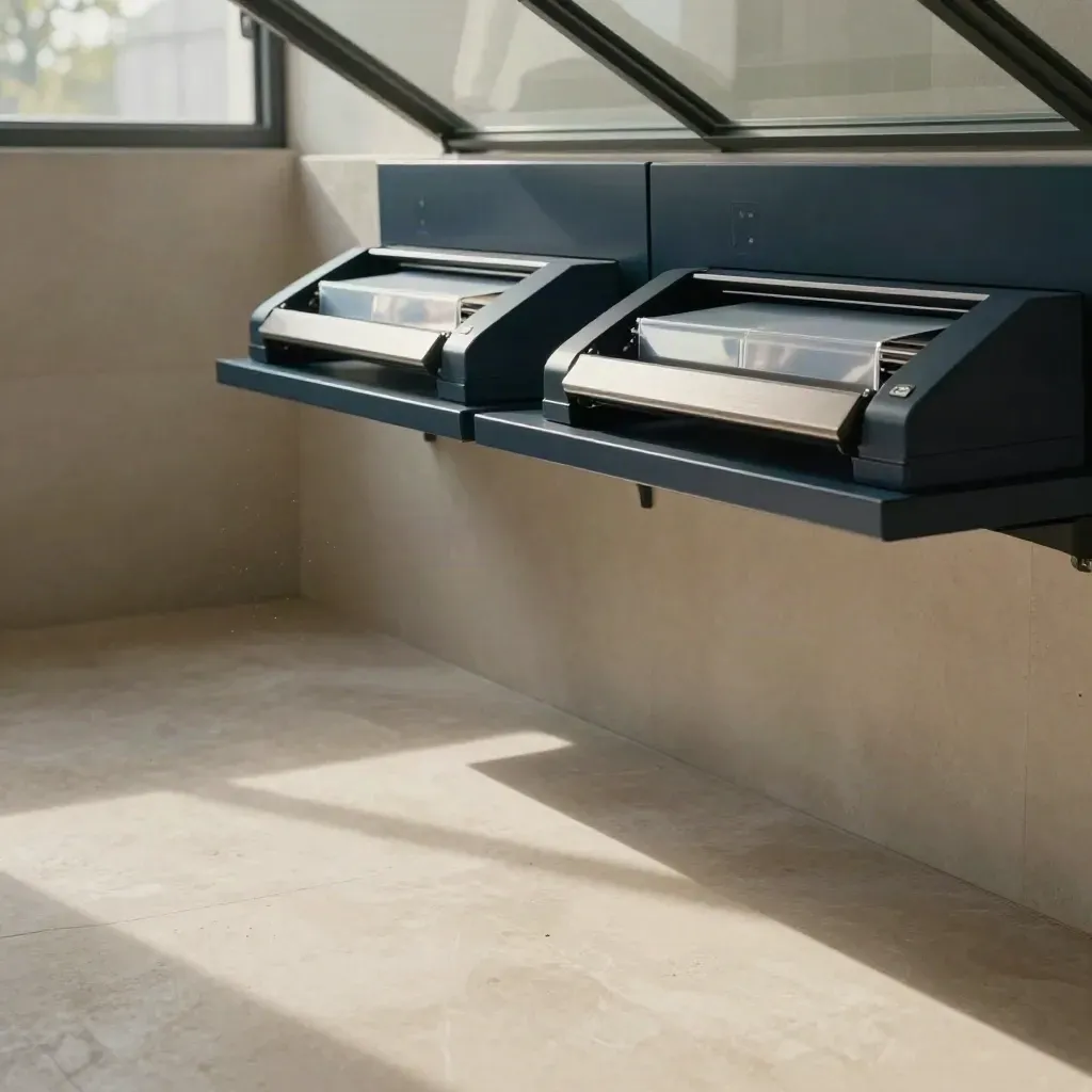 Sunlit scanning room with archival scanners, stone floor and soft reflections