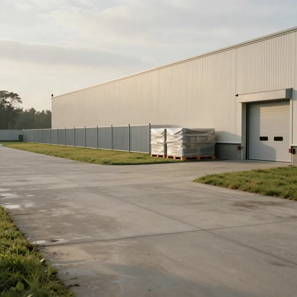 Quiet warehouse yard with concrete apron, grass bank, distant trees and bright overcast sky.