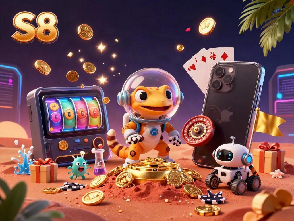 S8 brings excitement with a Martian gecko uncovering a golden casino in a vibrant 3D illustration.
