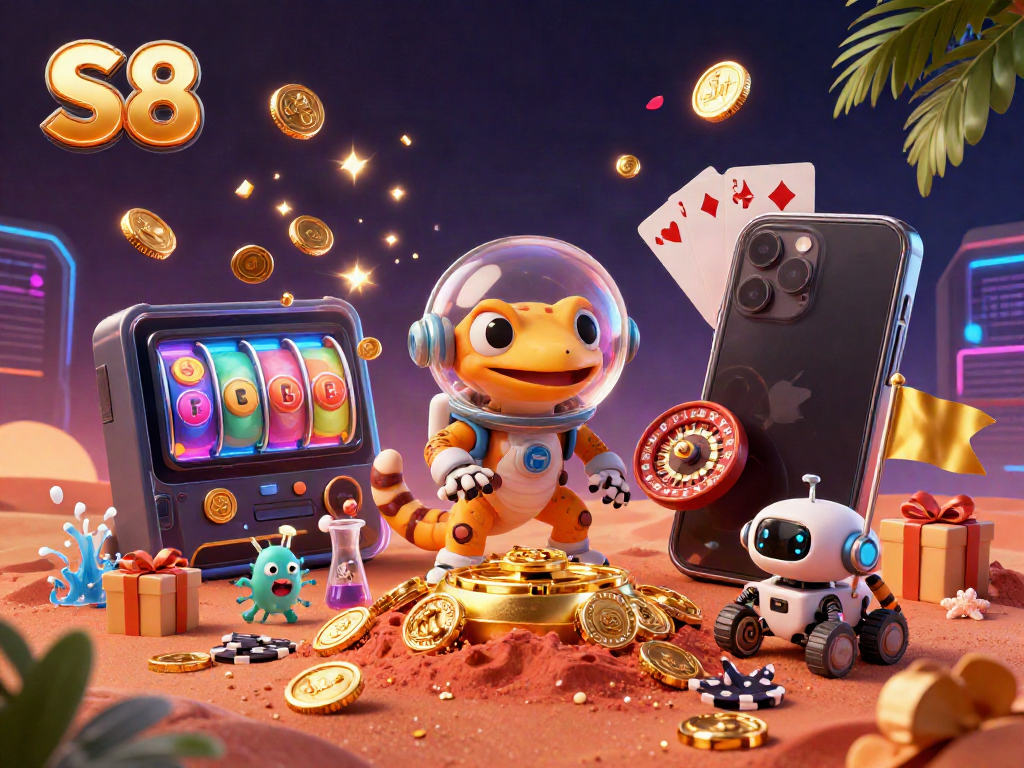 S8 brings excitement with a Martian gecko uncovering a golden casino in a vibrant 3D illustration.