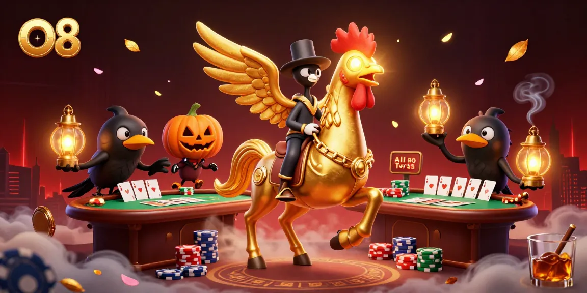 Experience thrilling wins at O8 with our dynamic casino scene featuring a golden rooster and poker elements.