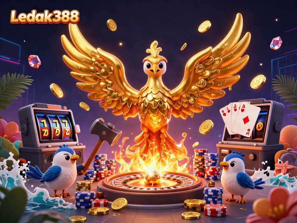 Experience immersive gaming with Ledak388, where a golden phoenix and vibrant casino elements showcase thrilling wins.