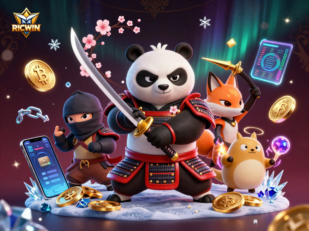 Join the excitement with RICWIN, showcasing a dynamic 3D casino scene full of vibrant characters and crypto elements.