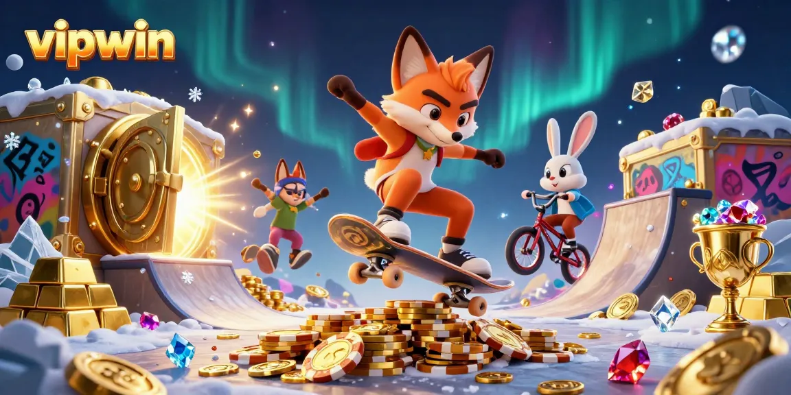 Join the vipwin adventure with a skateboarder fox and BMX rabbit in a vibrant casino scene.