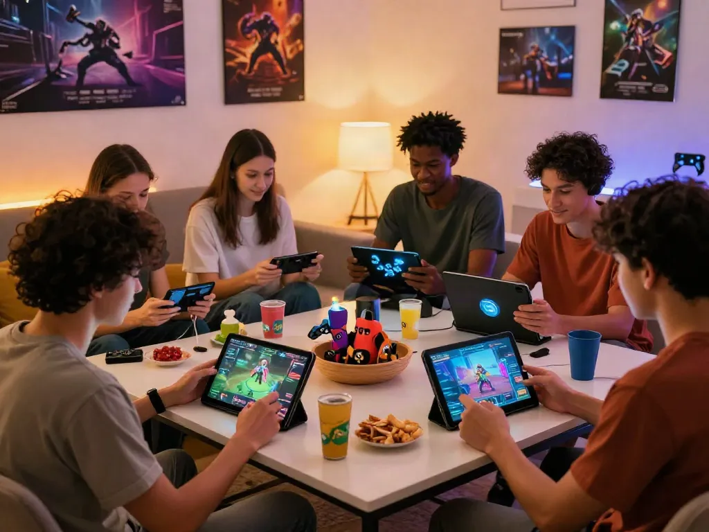 Friends enjoying a gaming session using http://11bet-app.net/ with vibrant game graphics and snacks.