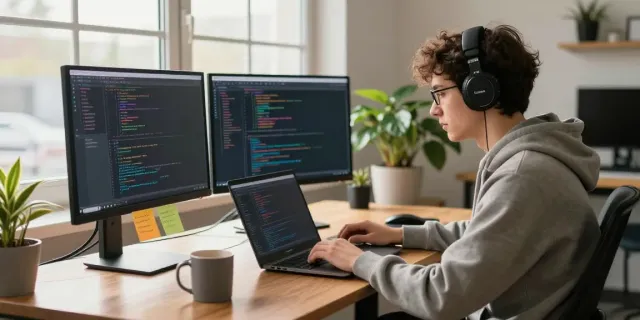 You can try these out in a modern tech workspace with a developer focused on coding.