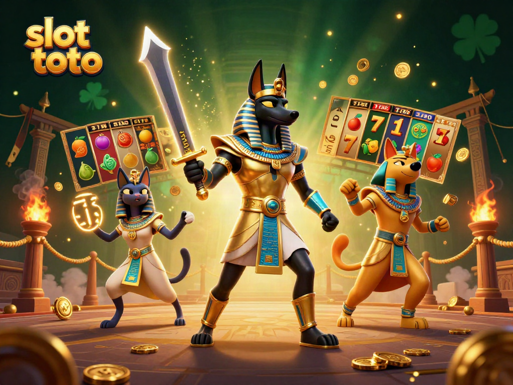 Engaging illustration of slot toto featuring Anubis in battle gear, vibrant game elements and rich colors.
