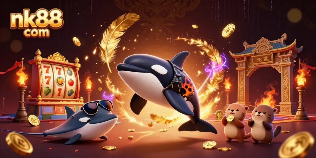 Experience thrilling jackpots and games with nk88 com in a vibrant illustration of sea creatures.