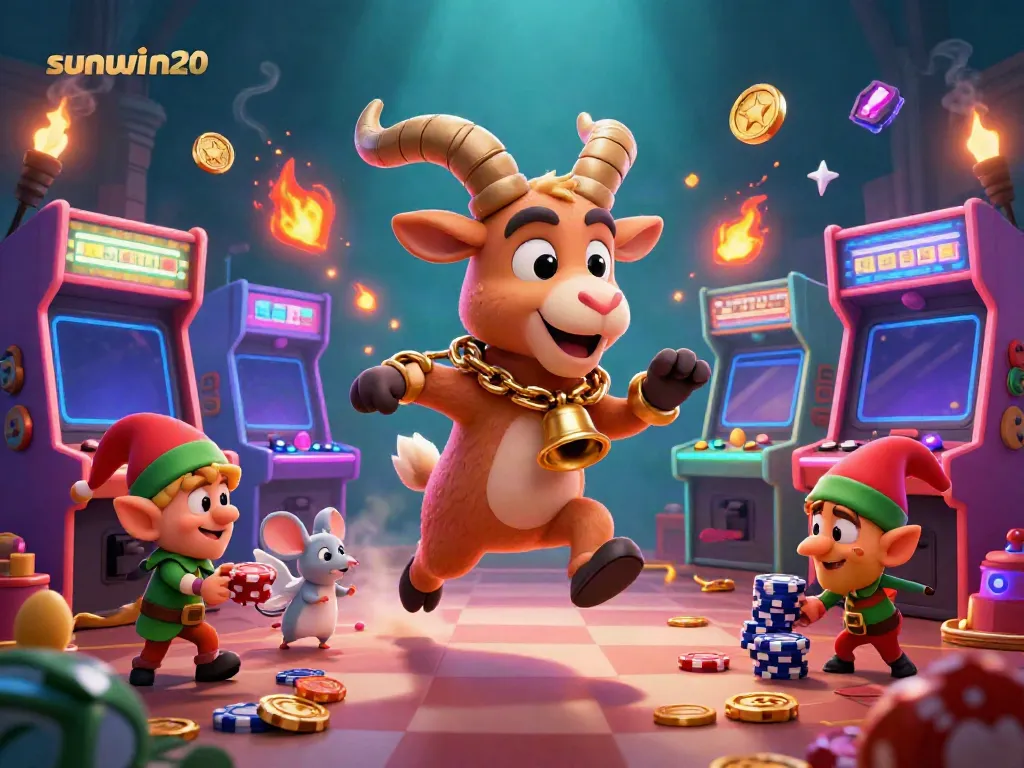 Experience the festive energy of sunwin20 in a dynamic 3D casino scene, featuring a Krampus goat and mischievous elves.