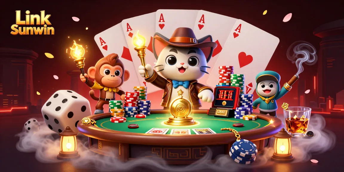 Experience the allure of Link Sunwin with a vibrant 3D scene showcasing a cat explorer and monkey companion amidst poker elements.